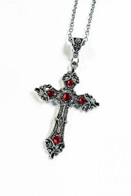 Gothic Large Baroque Christian Cross Pendant Necklace Micro Inlaid Red Crystal Christian Prayer Amulet Jewelry