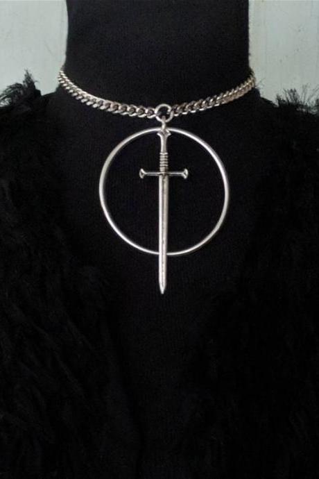 Gothic Sword Pendant Necklace Fashion Medieval Cold Weapon Retro Jewelry Silver Ring Thick Chain Necklace