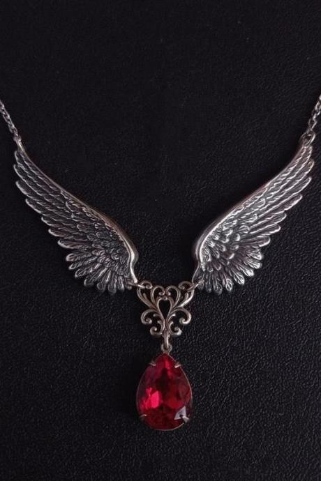Gothic Angel Wings Necklace, Angel Guardian Red Acrylic Crystal Pendant, Aranwen Gothic Fashion Jewelry Couple Gift