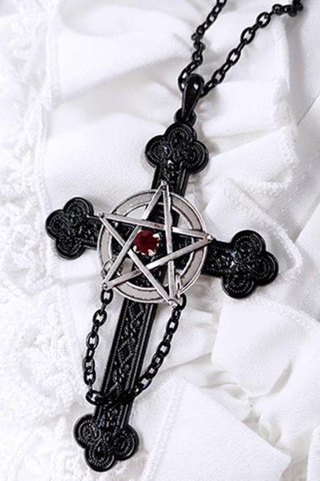 Gothic Satan Pentagram Black Cross Pendant Necklace Punk Rock Fashion Men And Women Retro Jewelry