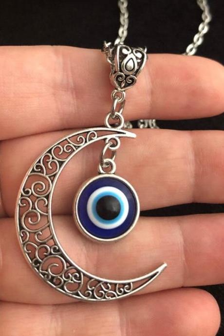 Filigree Moon Turkey Demon Eye Necklace 18 Inch Fatima Ling Buddha Blue Eye Religious Jewelry Women Protective Jewelry Gift