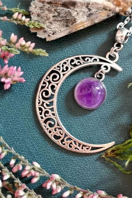 Witch Goth Crescent Moon Necklace Dark Style Purple Crystal Moon Pendant Celestial Jewelry Women Amulet Jewelry Gift