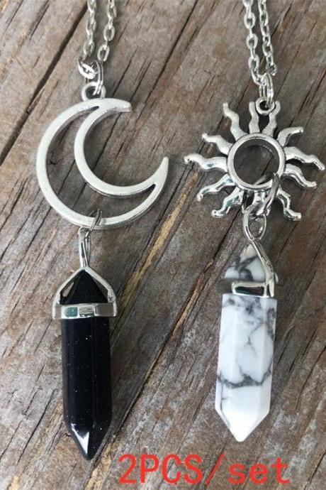 2pcs Set Of Sun And Moon Necklace, Natural Crystal Necklace, Sun Moon Bff Necklace, Healing Crystal, A Gift From A Good Friend