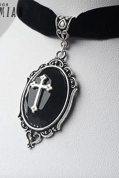 Victorian Black Velvet Necklace, Crystal Embossed Cross Necklace, Punk Vampire Cross Pendant, Handmade Jewelry, Gifts For Ladies