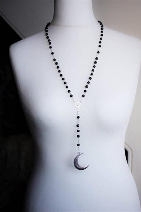 Fashion Black Beaded Rosary Necklace, Gothic Crescent Long Necklace, Witch Pagan Moon Phase Jewelry, Women&amp;#039;s Jewelry Gifts