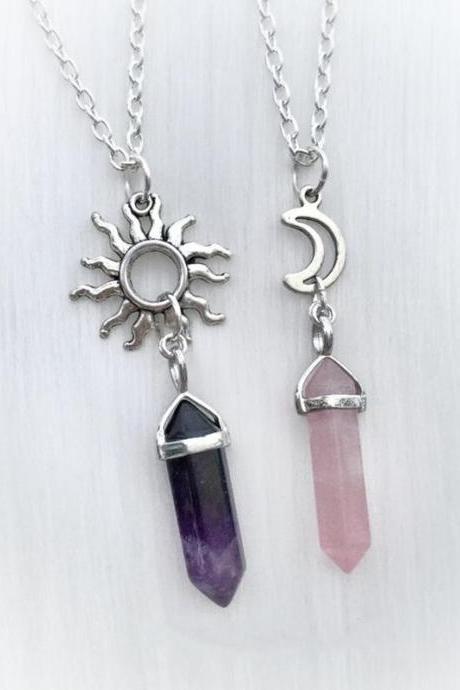 2pcs Natural Quartz Hexagon Pillar Crystal Pendant Necklace, Sun Moon Bff Necklace, Healing Crystal, Gift For Good Friend