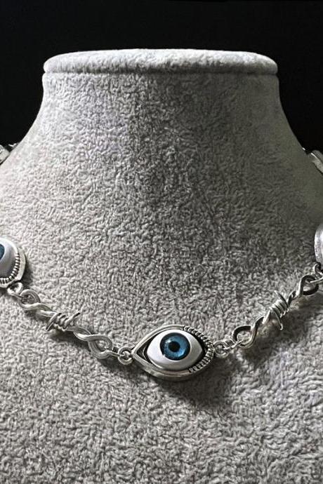Blue Evil Eye Necklace, Alien Eyes Small Line Thorns Iron Unisex Necklace, Hip Hop Gothic Punk Style, Halloween Jewelry Gift