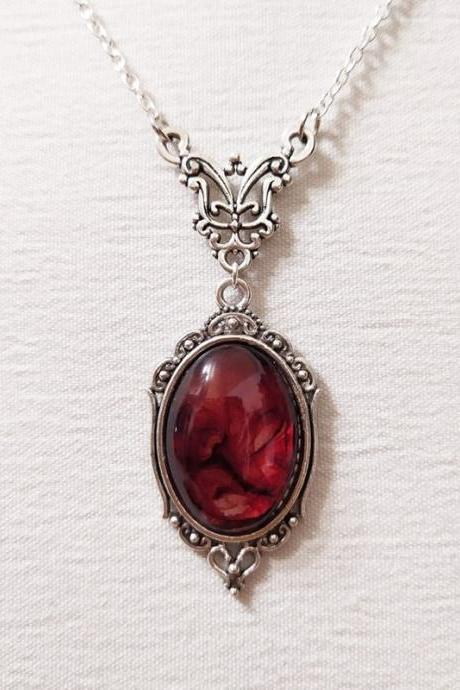 Vintage Red Quartz Crystal Necklace, Gothic Red Embossed Crystal Necklace, Fashion Gifts For Women, Pagan Witchcraft Jewelry