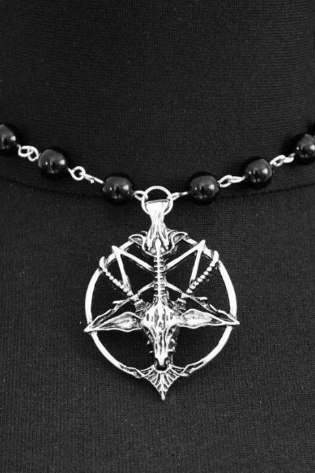 Black Beaded Chain Goat Head Skull Necklace Onyx Necklace Gothic Pentagram Devil Pan God Pendant Witch Pagan Jewelry