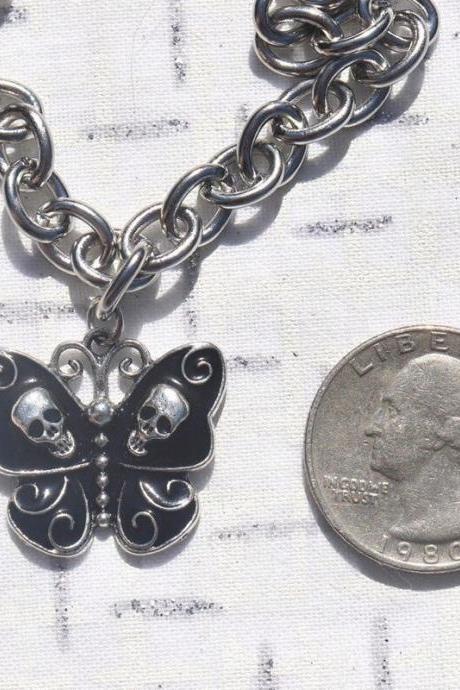 Gothic Silver Skull Butterfly Pendant, Halloween Necklace, Fashion Pendant Necklace