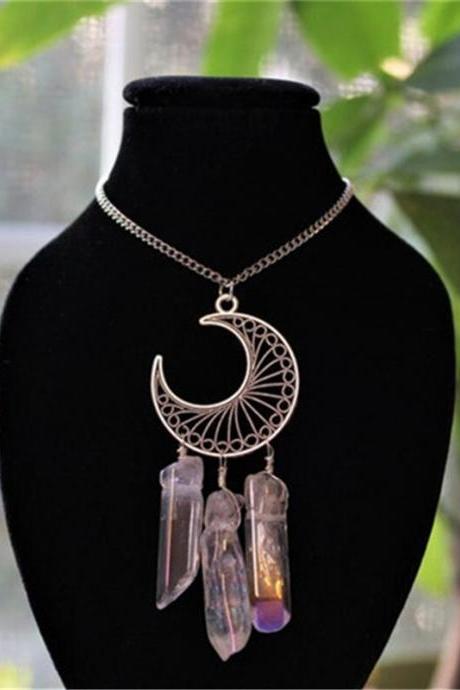 Natural Quartz Crystal Moon Necklace Bohemian Gothic Witch Moon Phase Celestial Body Jewelry Lady Gift