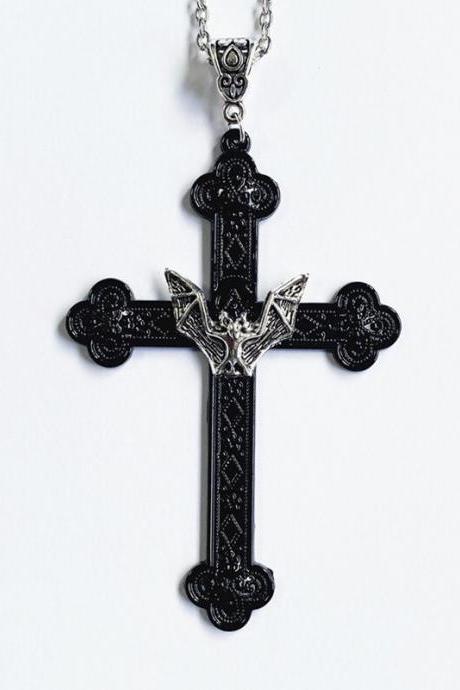 Gothic Vampire Bat Black Filigree Large Cross Necklace Retro Religious Christian Faith Collar Ladies Gift Jewelry