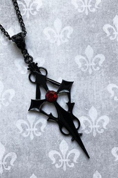 Black Pointed Cross Vampire Necklace, Gothic Jewelry, Micro Inlaid Red Crystal Dagger Cross Pendant, Women&amp;#039;s Jewelry Gift