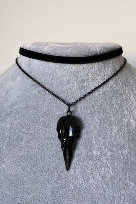 Gothic Black Raven Skull Necklace, Steampunk Jewelry, Grunge Emo Necklace Collar Jewelry, Witchcraft Pagan Gift