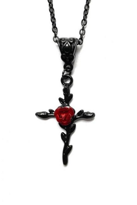 Black Cross And Red Rose Pendant Necklace, Gothic Victorian Jewelry, Handmade Necklace, Stylish Gift For Ladies