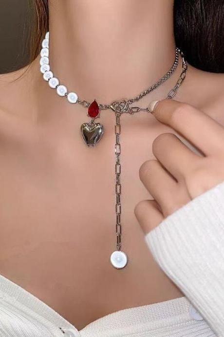 Vintage Beaded Metal Heart Pendant Clavicle Chain For Women Fashion Hip Hop Red Crystal Necklace Jewelry Accessories Gifts