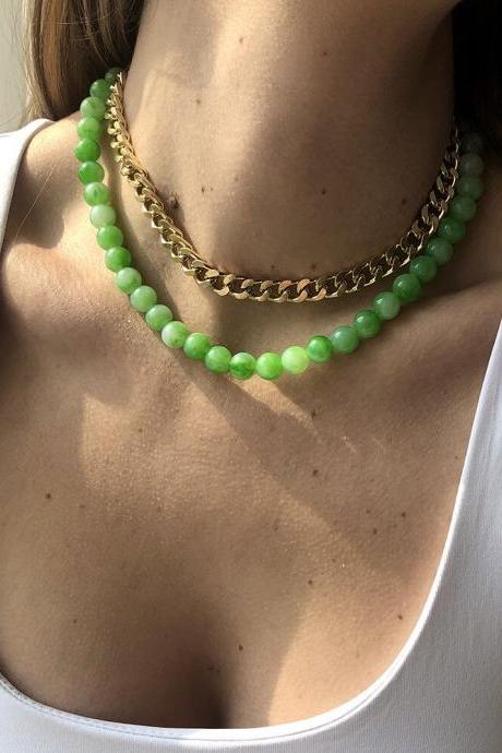 2021 New Creative Acrylic Green Beaded Gold Color Thick Chain Geometric Round Metal Necklace for Women Girls Jewelry Gifts