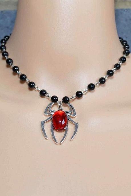 Gothic Spider Pendant Necklace, Silver Plated Red Crystal Spider Black Rosary Witch Collar, Halloween Women's Jewelry Gift
