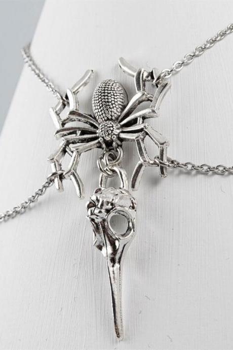Fashion Vintage Men Dark Style Spider And Skull Pendant Ring Gothic Simple Personality Skull Punk Necklace Women&amp;#039;s Jewelry
