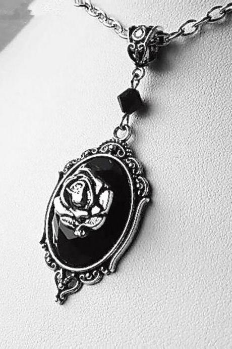 Fashion Vintage Black Rose Hibiscus Necklace, Crystal Embossed Pendant, Ladies Gift, Gothic Jewelry