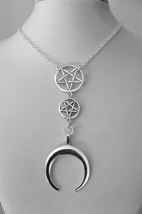 Crescent Halskette, Mystic, Esoteric, Gothic, Witchcraft, Satan Symbol, Pentagram, Pendant, Necklace