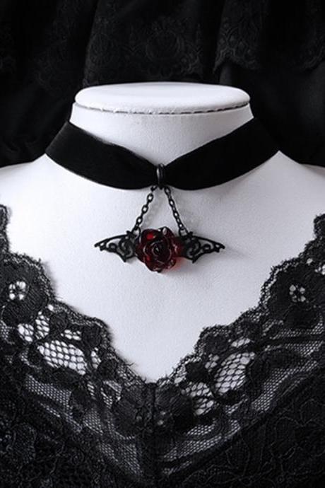 Brand Black Velvet Collar, Gothic Red Rose Black Bat Wings Necklace, Victorian Jewelry, Fashion Gift For Women