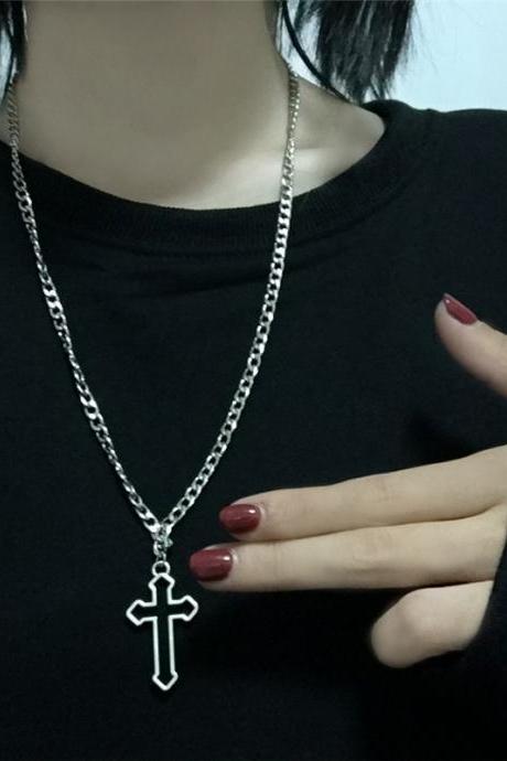 Vintage Gothic Hollow Cross Pendant Necklace Silver Color Cool Street Style Necklace For Men Women Gift Wholesale Neck Jewelry