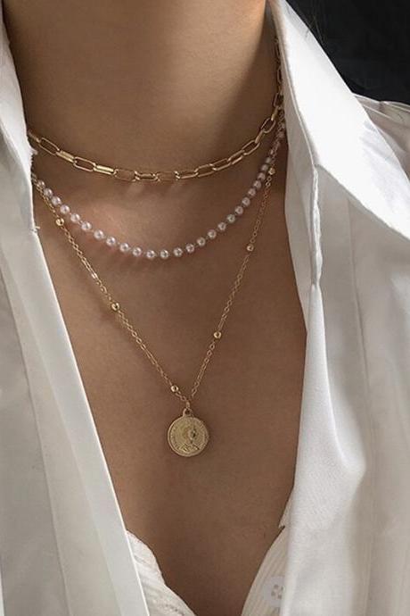 2022 Trendy Multilayer Metal Pearl Chain Necklace For Women Fashion Gold Color Portrait Coin Pendant Necklaces Jewelry Gift