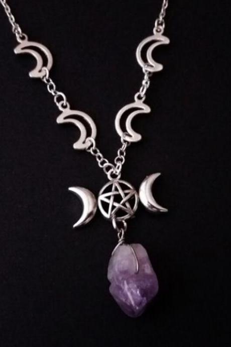 Fashion Triple Moon Natural Purple Quartz Pendant Necklace Gothic Jewelry Witch Amulet Necklace Ladies Party Gift