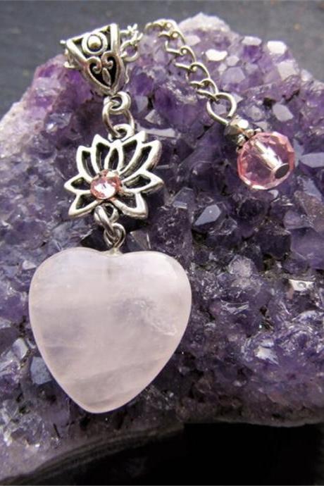 Tranquil Pink Quartz Heart Necklace, Lotus, Heart, Pink Crystal, Birthday Gift, Valentine's Day Jewelry, Heart Pendant Necklace