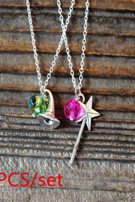 2pcs/set of Witch Magic Wand Fantasy Crystal Pendant Wizard Hat Elphaba Glinda Sister Necklace, Gift for Girl