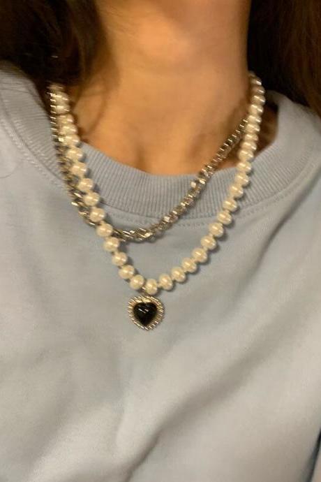 European Exaggerate Multilayer Silver Color Alloy Imitation Pearl Heart Necklace for Women Girls Punk Clavicle Chain Jewelry