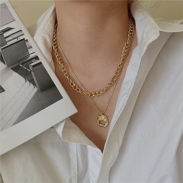 AOMU 1Set Vintage Thick Chain Hollow Pendant Double Layer Gold Color Metal Necklace For Women 2021 New Trend Party Jewelry