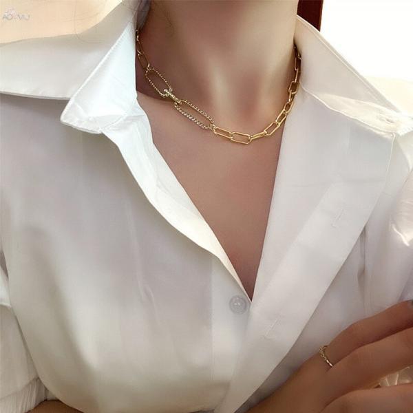 AOMU 2020 Korea New Zircon Metal Chain Choker Simple Fashion Charm Necklace for Women Girls Jewelry Gifts